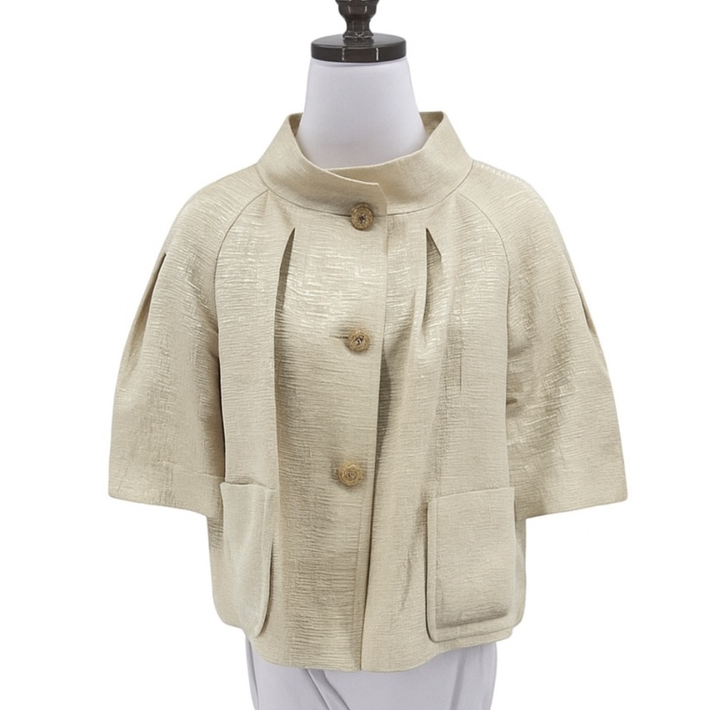 St. John Couture Gold Metallic Mock Neck Half Sleeve Short Button Jacket Sz 12